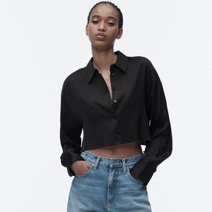 Satin black collar long sleeve crop top shirt button back detail